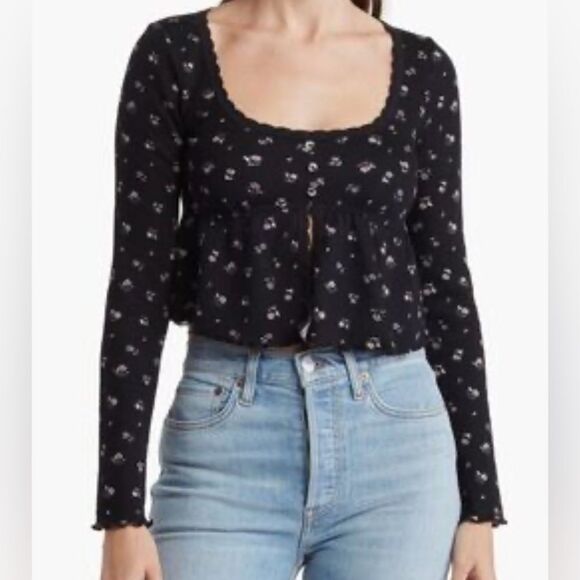 NWOT Kirious Floral Babydoll Top Black Waffle Knit Cropped Fairy Grunge Size S - Picture 1 of 9